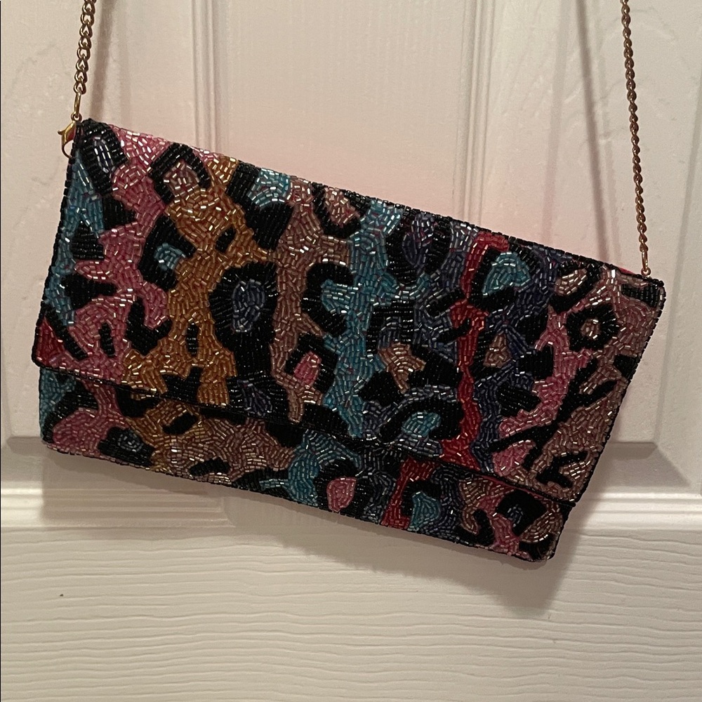 Vibrant Beaded Clutch with Chain Strap